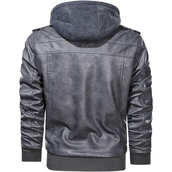 Men’s Grey Stand Collar PU Faux Leather Bomber Jacket With a Removable Hood - Picture 3 of 6